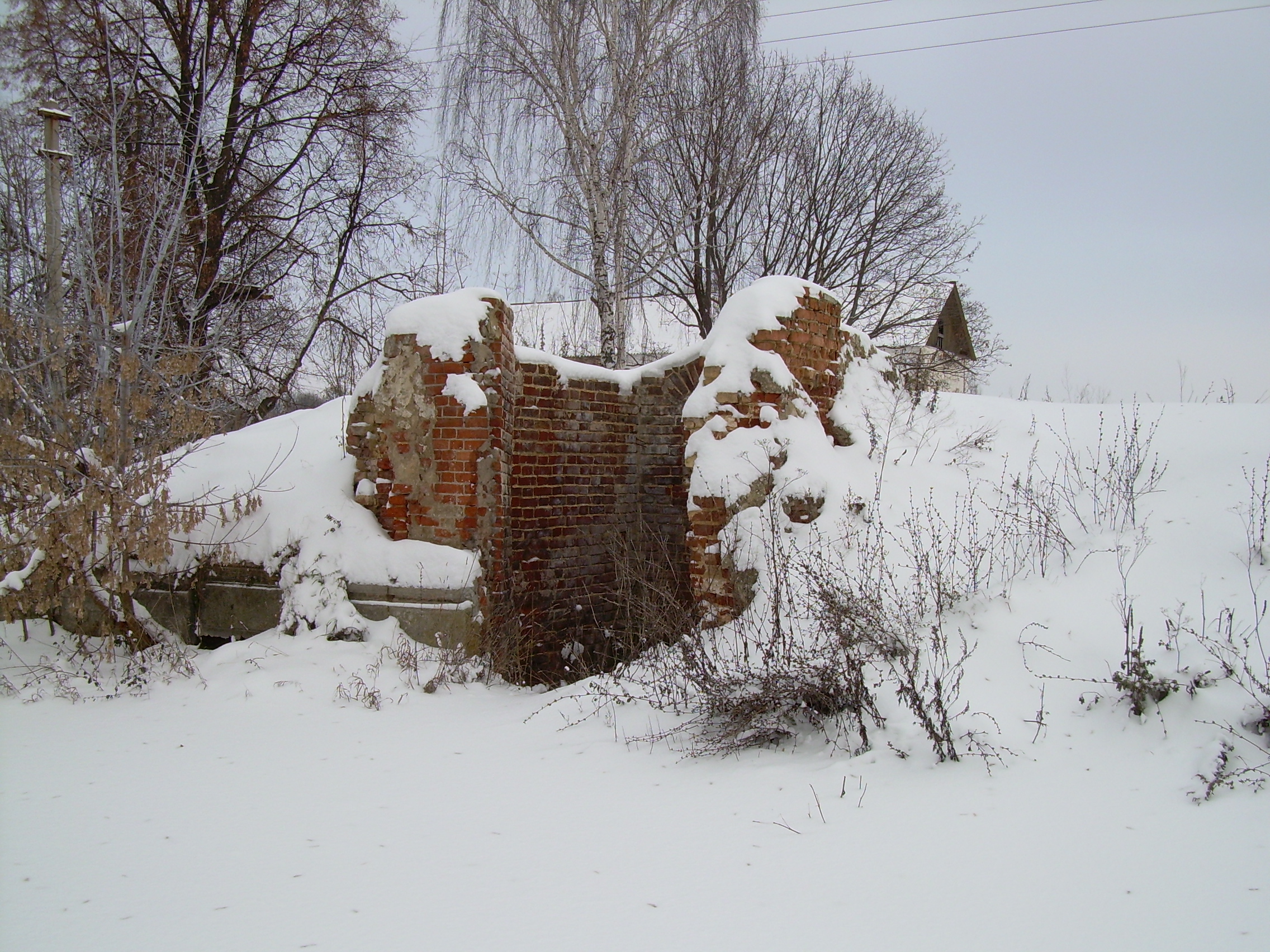 Руины и остатки кладки главного дома, зимний вид.