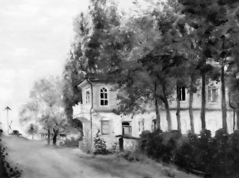 Рисованный вид усадебного дома среди деревьев.